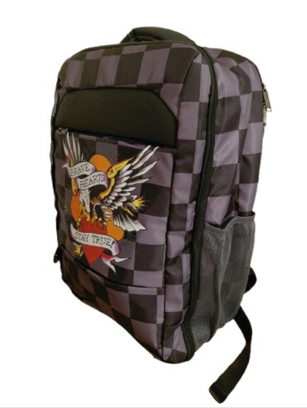 Ed Hardy Checkered Y2K Inspired Brave Hearts Stay True Decal Full Sized Backpack